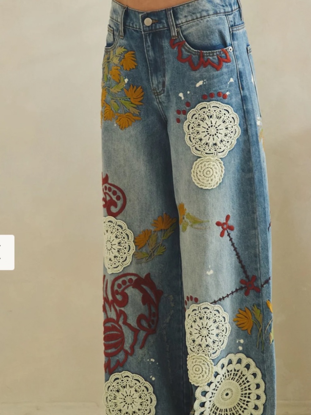 🎉 Oli and Hali “DEE” OLI & Hali WIDE LEG DENIM PANTS WITH EMBROIDERY DETAIL 34 - Picture 13 of 14